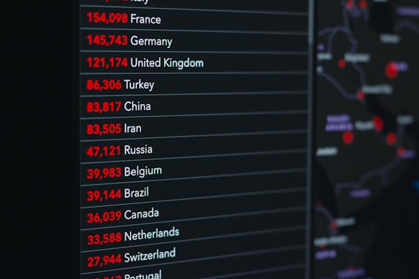 A screen displays a list of countries alongside numerical data in red and white font on a dark background. The numbers likely represent statistics such as population or cases of a specific condition. A blurred map with highlighted areas is in the background on the right.