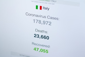 Statistics related to COVID-19 cases in Italy, displaying numbers for cases, deaths, and recoveries. The Italian flag is visible at the top.