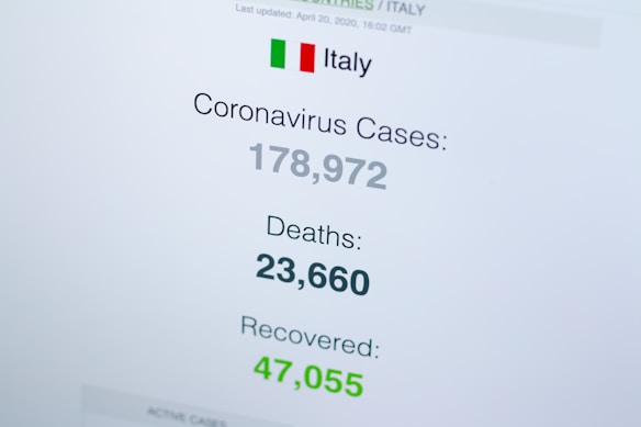 Statistics related to COVID-19 cases in Italy, displaying numbers for cases, deaths, and recoveries. The Italian flag is visible at the top.