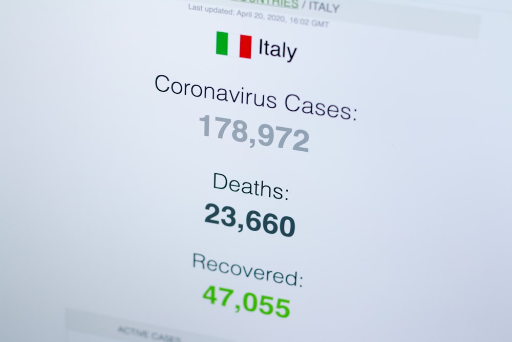 a computer screen showing the number of cases in italy