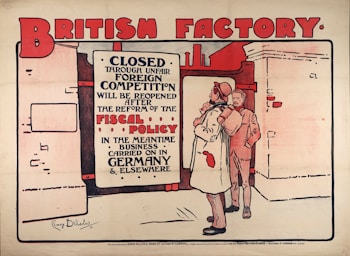 Two men in early 20th-century attire stand in front of a large sign. The sign, with bold lettering, communicates the closure of a British factory due to foreign competition and mentions reopening after fiscal policy reform. The background includes industrial imagery and architectural elements.