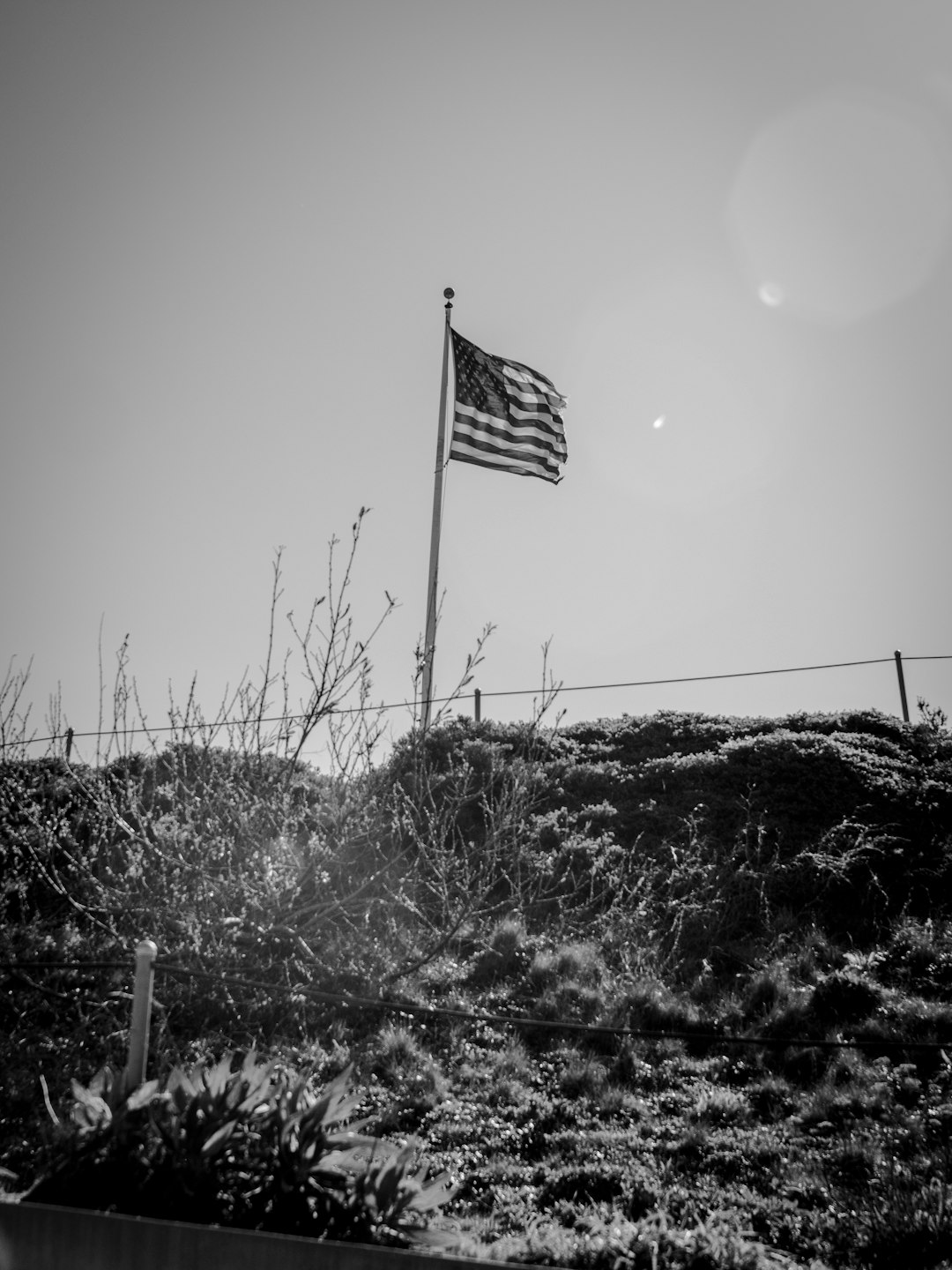 grayscale photo of us flag on pole