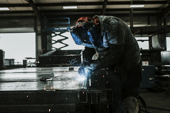 A skilled welder in protective gear carefully joining metal pieces in a bright, modern workshop filled with industrial tools.