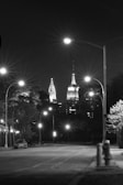 A night scene featuring a city skyline illuminated by lights.