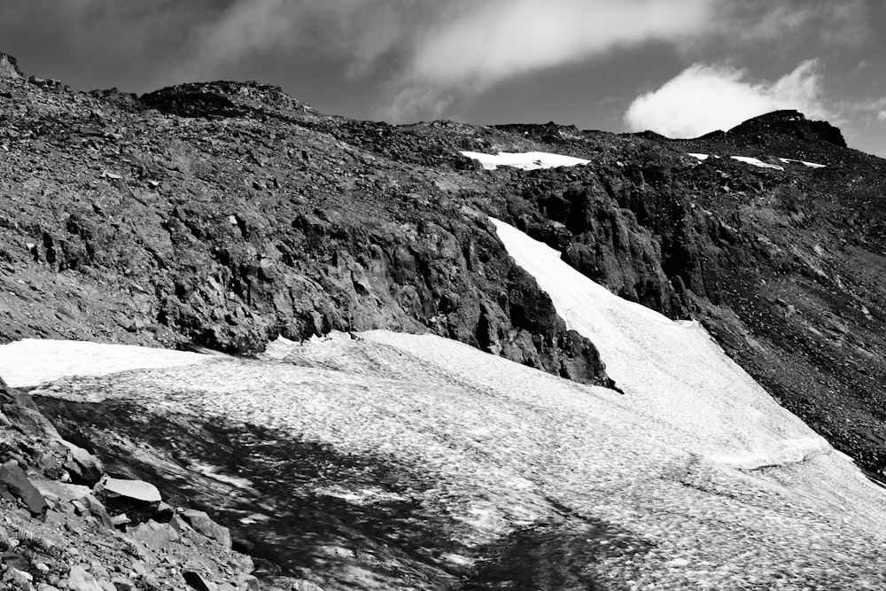 grayscale photo of rocky mountain