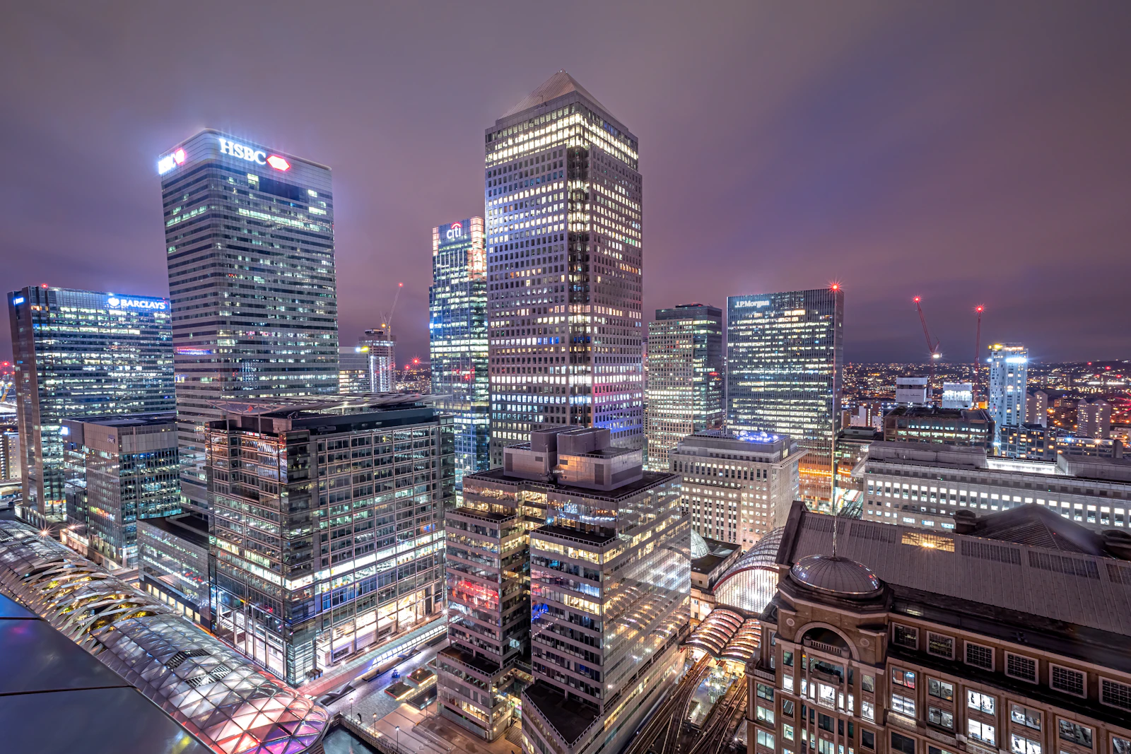 City towers lit at night