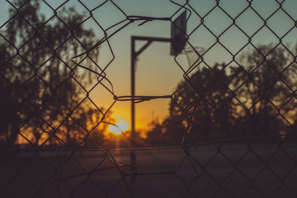 grey metal fence with light during sunset