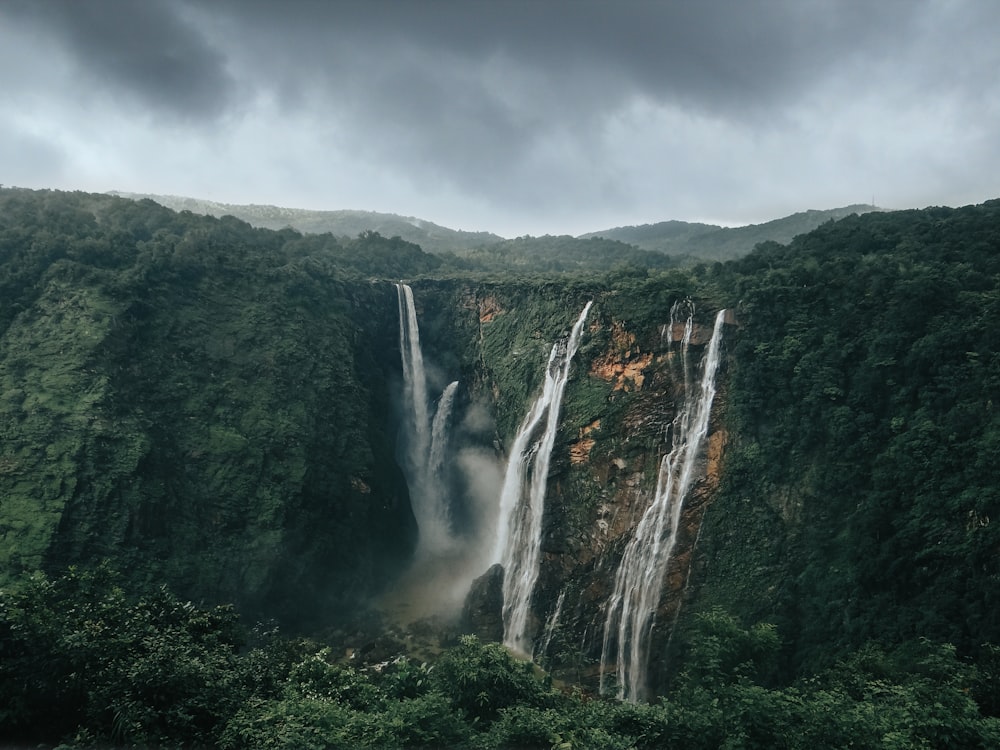 waterfalls in the middle of green trees under white clouds