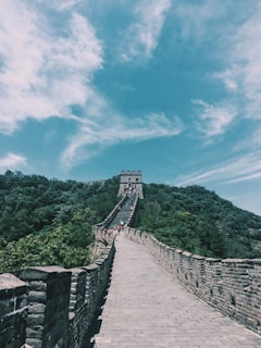 people walking on wooden bridge over green mountain under blue sky during daytime