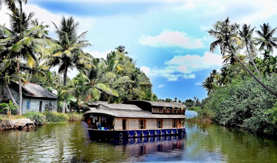 brown wooden boat on lake near green trees during daytime in Kumarakom India