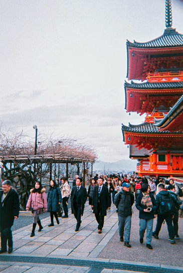 A friendly local Japanese guide showing travelers a hidden temple garden in Kyoto during cherry blossom season.
