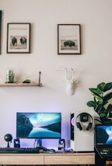 A modern home office with soundproof windows and serene decor.