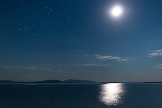 An artistic shot of the moon reflected on water next to a folded moon-themed shirt.