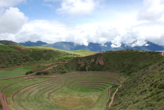 Lush green terraces of the Sacred Valley with mountains and rivers under a vibrant sky at sunset.