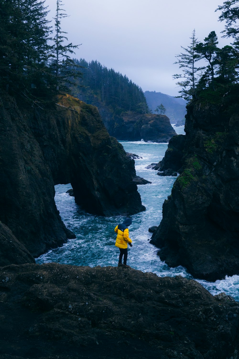 a person standing on a cliff near a body of water