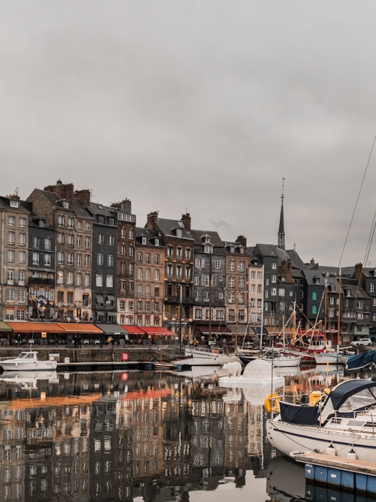 brown and white concrete buildings near body of water during daytime in Port of Honfleur France