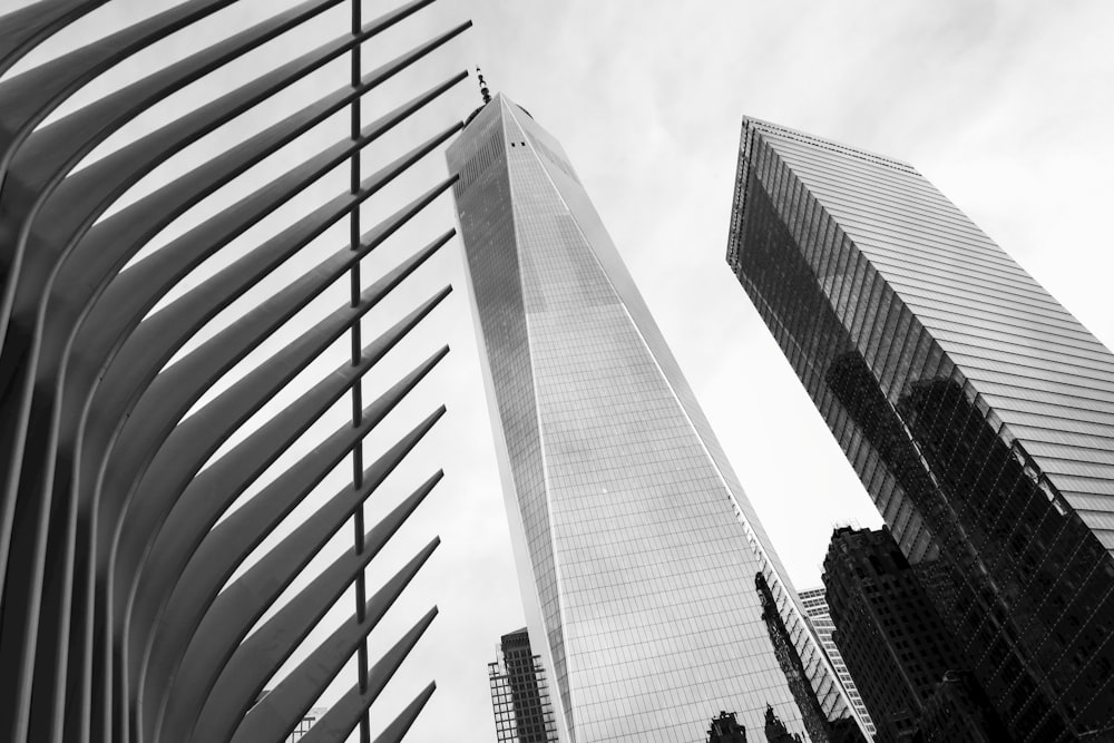 grayscale photo of high rise buildings