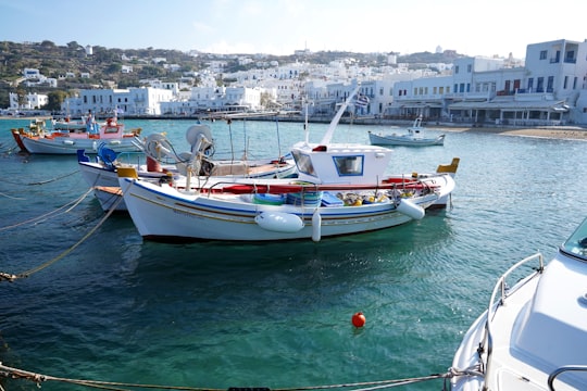 white and blue boat on water during daytime in Mýkonos Greece