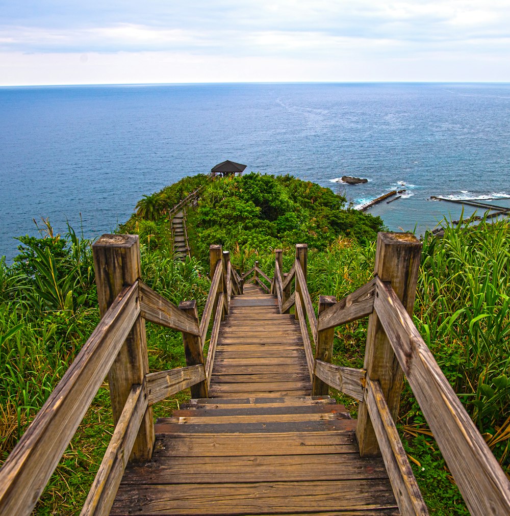 brown wooden stairs on green grass field near body of water during daytime