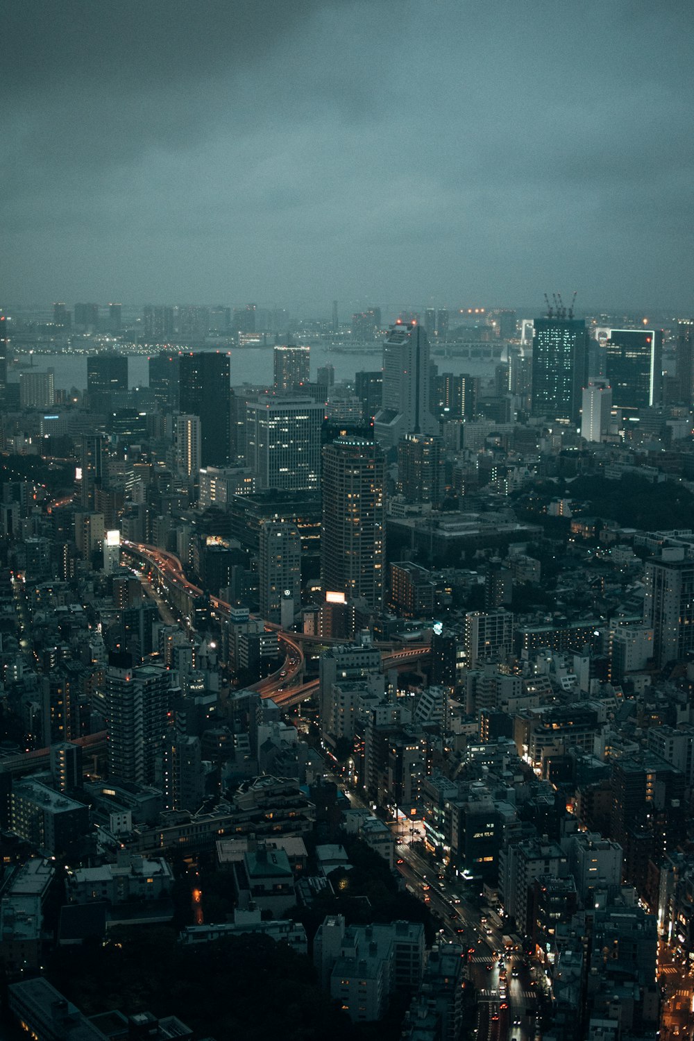 aerial view of city buildings during night time