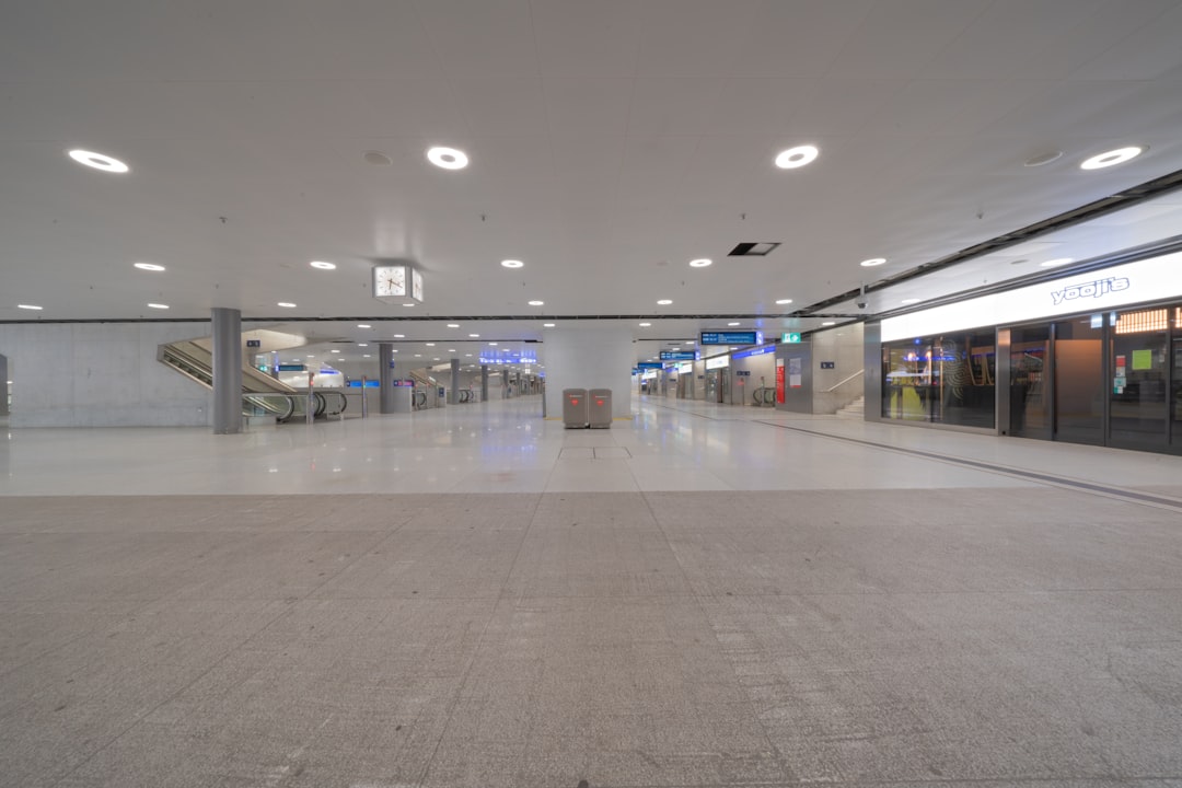 white and blue building interior