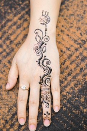 A beautifully intricate henna design on a bride's hand.