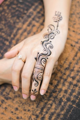 A close-up view of a hand adorned with intricate henna designs that feature swirling patterns and floral motifs extending from the wrist to the finger. The skin appears light and is complemented by a delicate ring on one finger, set against a textured brown fabric background.