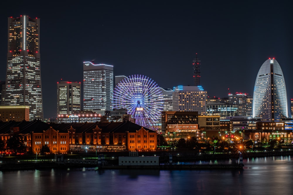 city skyline during night time