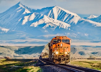 yellow train on green grass field near snow covered mountain during daytime