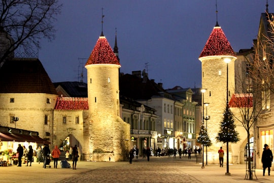 people walking on street near brown concrete building during nighttime in Viru Gate Estonia