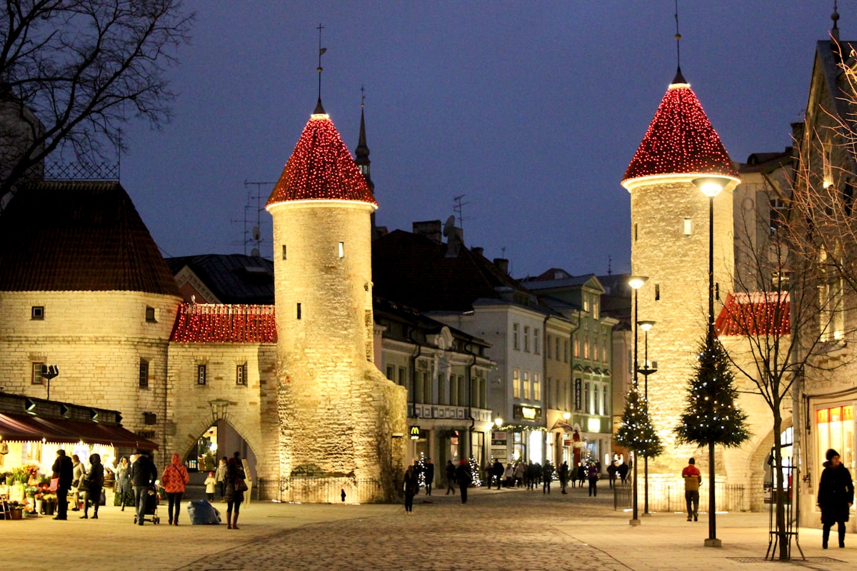 December Tallinn Christmas market on Town Hall Square with tree and lights