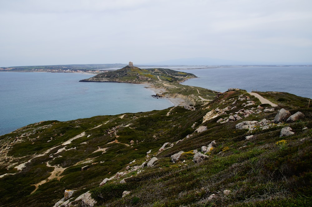 green grass covered hill by the sea under blue sky during daytime