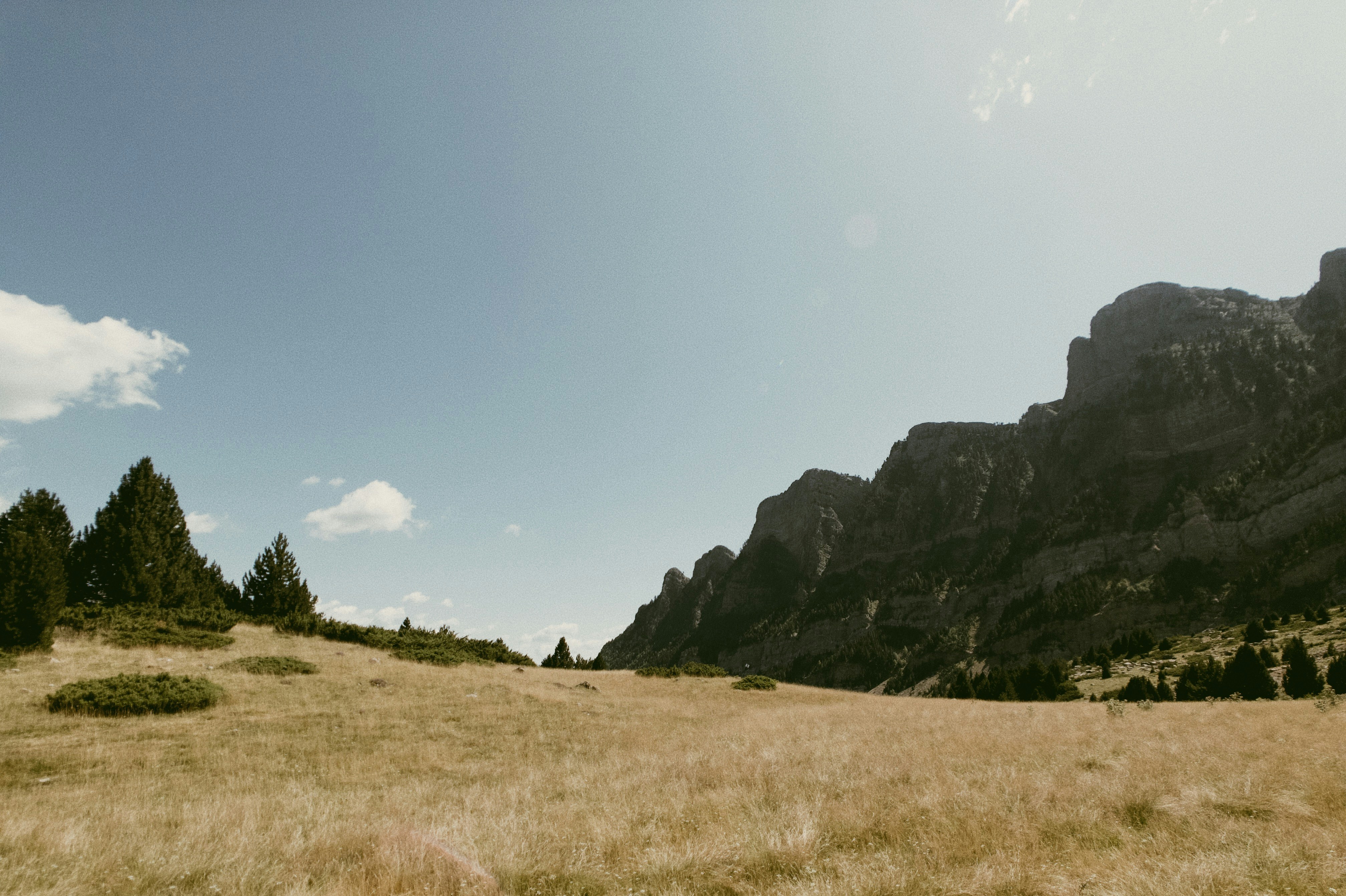 green grass field near mountain under blue sky during daytime