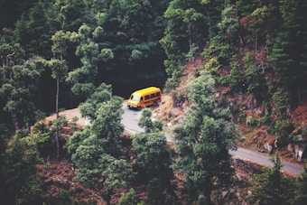 A yellow vehicle navigates a winding road through a dense forest. The image captures the vehicle from a high vantage point, surrounded by tall, green trees and the rugged terrain of the forest road.