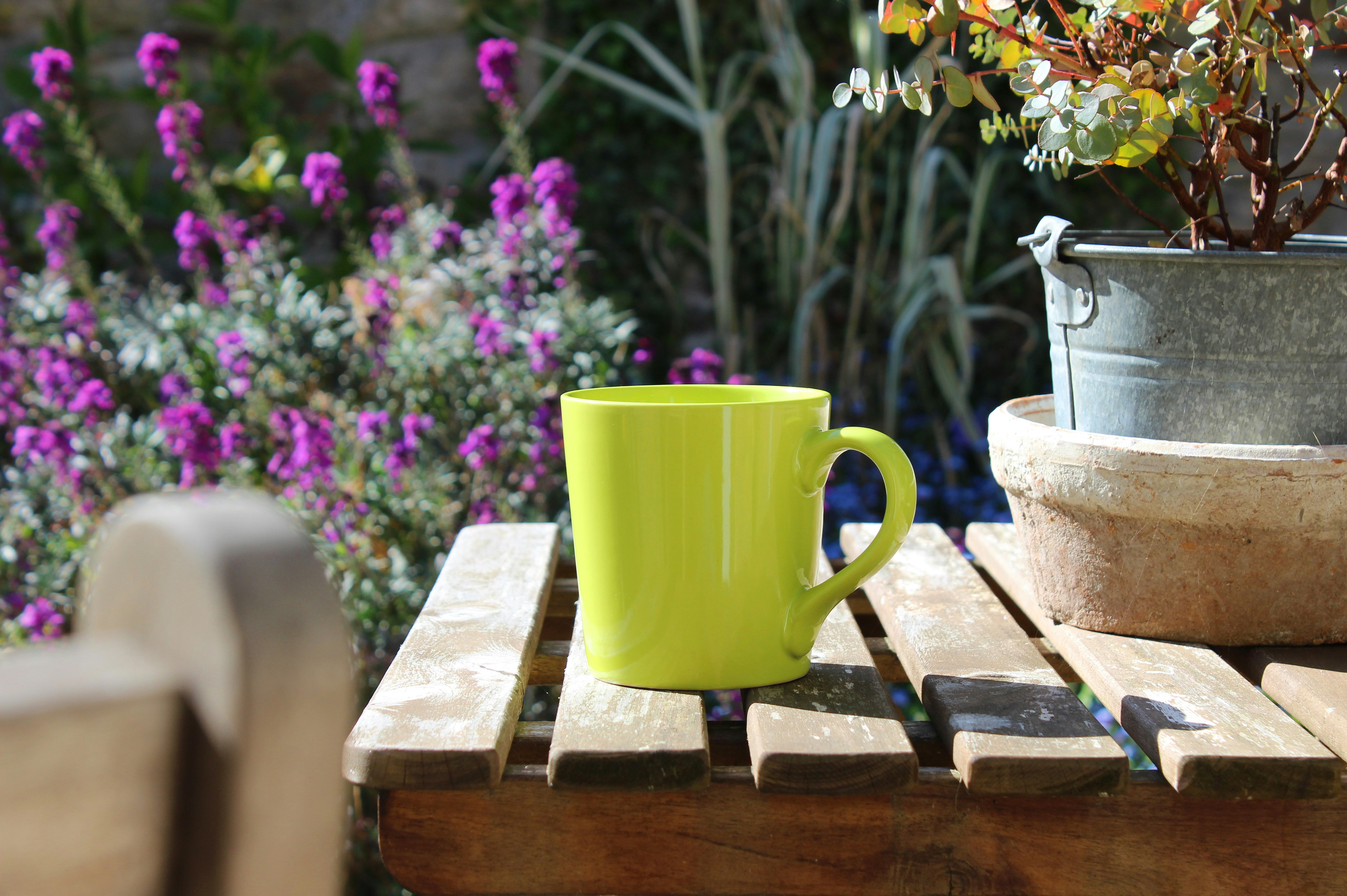 green ceramic mug on brown wooden table