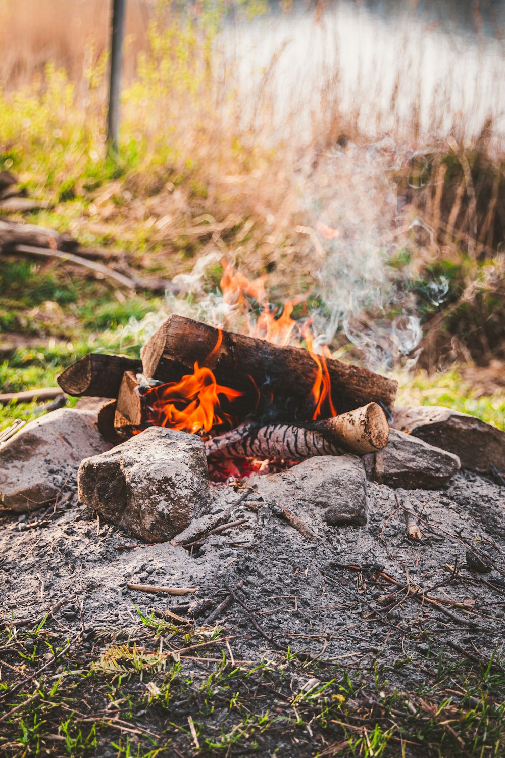 fire on gray rocks during daytime