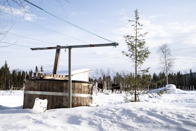 A snowy landscape featuring a wooden hot tub with a lid, surrounded by a partially snow-covered ground. In the background, two dark-colored horses stand near a fence, and evergreen trees are scattered throughout the scene. A tall, slender conifer tree and a simple clothesline structure appear in the foreground.