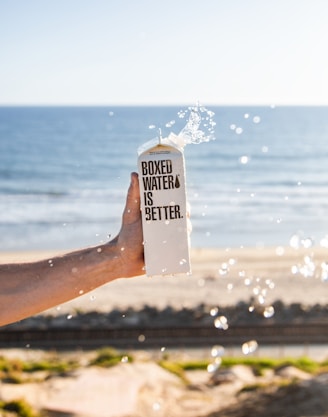 person holding boxed water near beach
