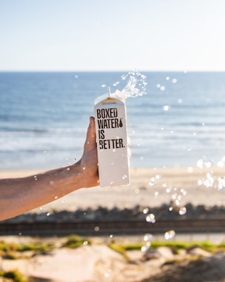 person holding boxed water near beach