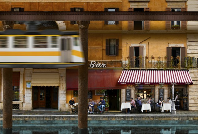 A lively street scene with a yellow and white tram passing in front of a row of historic buildings. The building features traditional architecture with shuttered windows and warm yellow and orange tones. Beneath, people are dining at a quaint cafe with a striped red and white awning. The scene is set along a canal with reflections visible in the water.