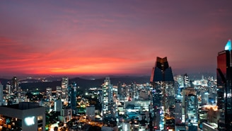 a view of a city at night from the top of a building