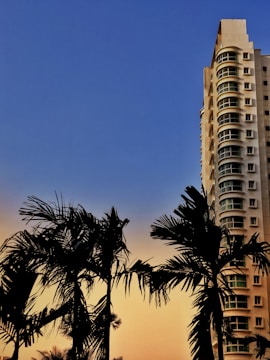 A high-rise residential building with balconies overlooking lush gardens and Dubai’s skyline at sunset.