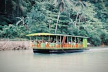 A vibrant green raft with a canopy shelters a group of people seated on colorful chairs as it floats on a calm river. Behind the raft, dense tropical foliage and tall palm trees create a lush backdrop.