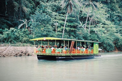 A vibrant green raft with a canopy shelters a group of people seated on colorful chairs as it floats on a calm river. Behind the raft, dense tropical foliage and tall palm trees create a lush backdrop.