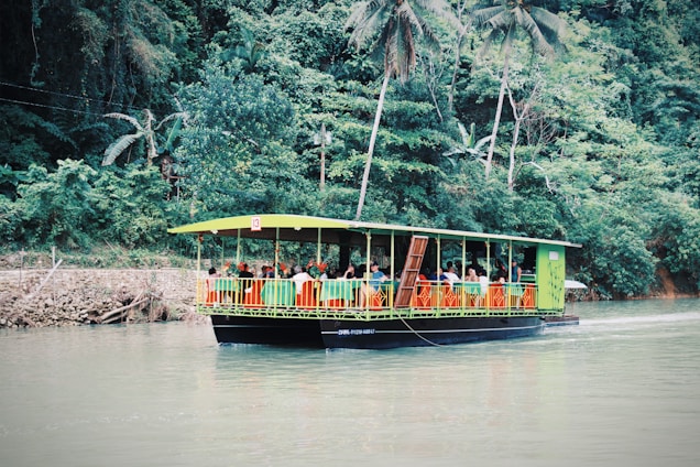 A vibrant green raft with a canopy shelters a group of people seated on colorful chairs as it floats on a calm river. Behind the raft, dense tropical foliage and tall palm trees create a lush backdrop.
