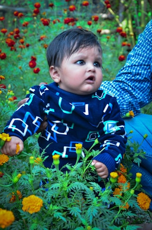 A baby wearing a dark patterned sweater sits among bright orange marigold flowers. An adult's hand is gently supporting the baby from behind, with the adult wearing a blue checkered shirt. The setting appears to be a garden or park.
