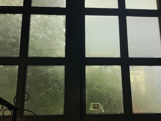 A large grid of frosted glass windows with a dark frame. The glass is slightly foggy or dirty, allowing limited visibility through it. Soft, diffused light filters in through the windows, creating a muted atmosphere. A black metal railing with a decorative swirl is partially visible in the lower left corner.