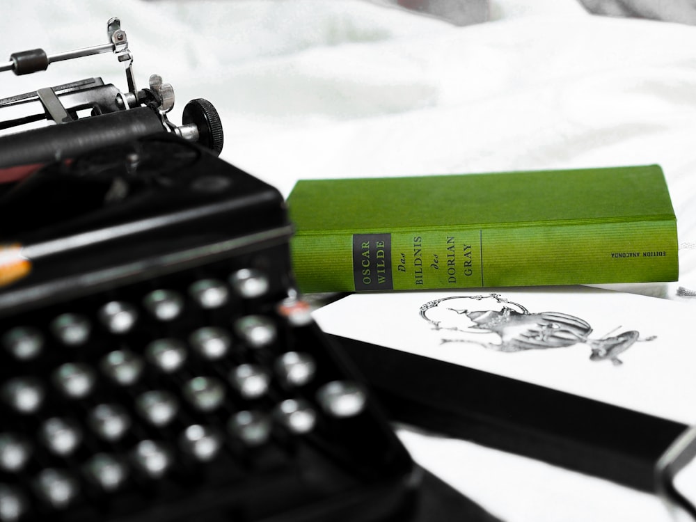 black typewriter on white table