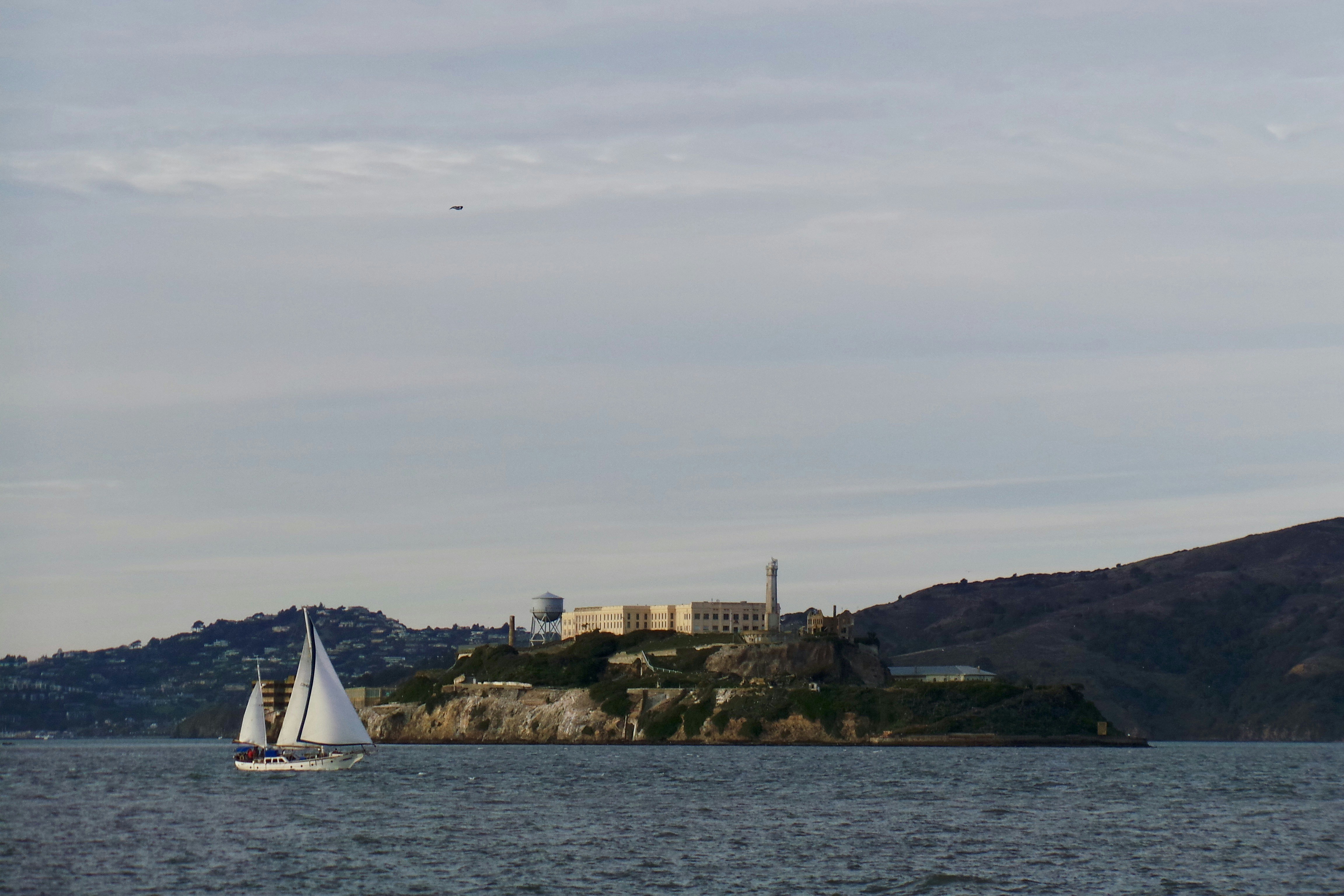 white sailboat on sea near brown and green mountain under white clouds during daytime