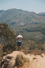A person standing on a cliff edge looking out over a vast, colorful valley.